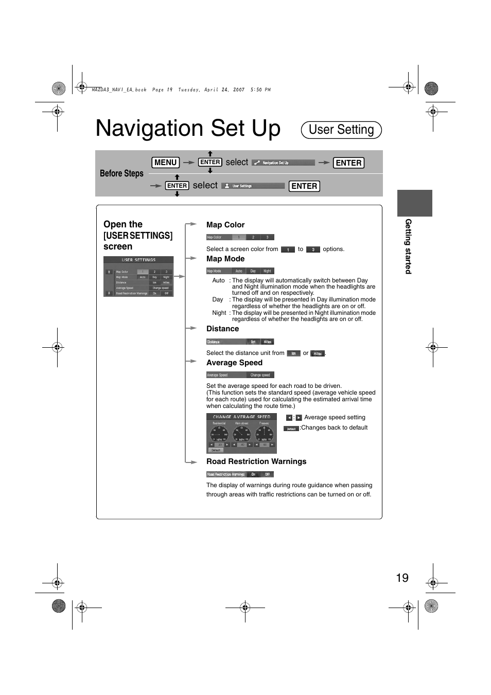 Navigation set up, User setting | Mazda 2008 MX-5 Miata User Manual | Page 419 / 458