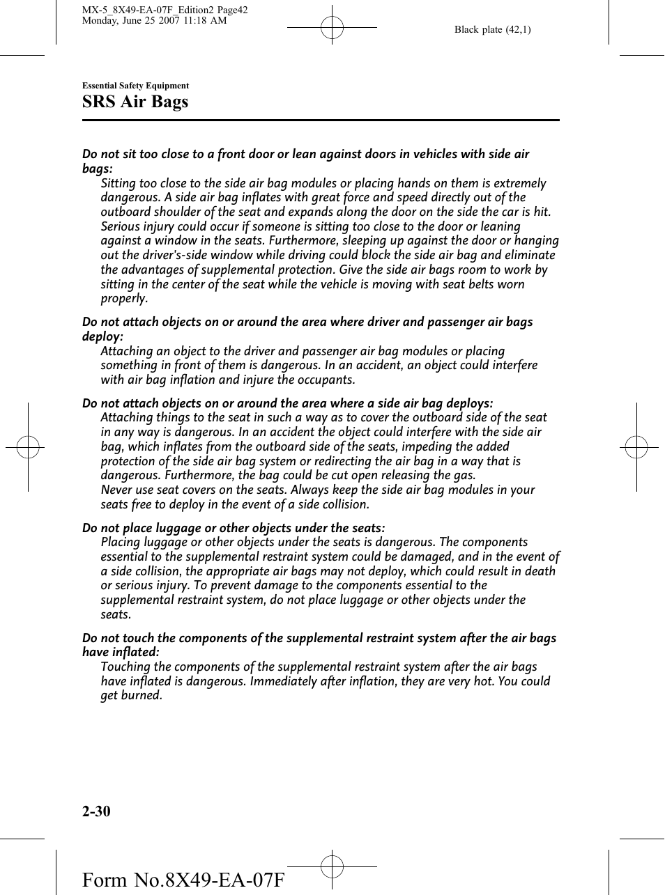 Srs air bags | Mazda 2008 MX-5 Miata User Manual | Page 42 / 458
