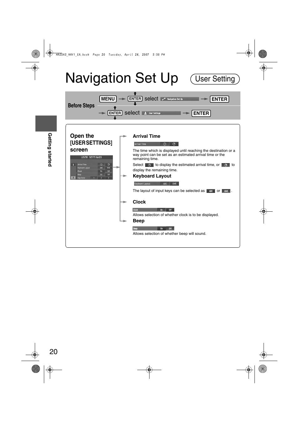 Navigation set up, User setting | Mazda 2008 MX-5 Miata User Manual | Page 420 / 458