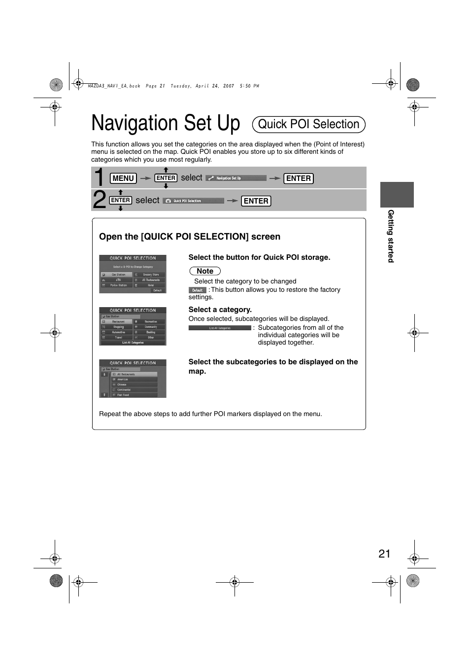 Navigation set up, Quick poi selection | Mazda 2008 MX-5 Miata User Manual | Page 421 / 458