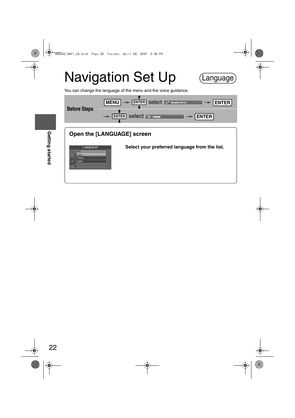 Navigation set up, Language | Mazda 2008 MX-5 Miata User Manual | Page 422 / 458