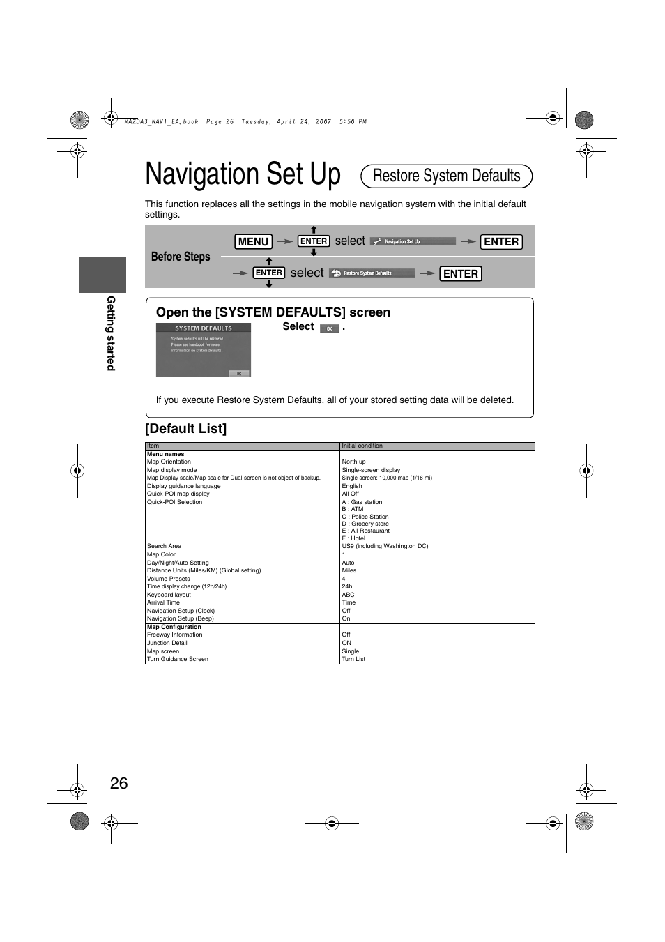 Navigation set up, Restore system defaults, Default list | Before steps select select, Open the [system defaults] screen, Menu, Enter | Mazda 2008 MX-5 Miata User Manual | Page 426 / 458