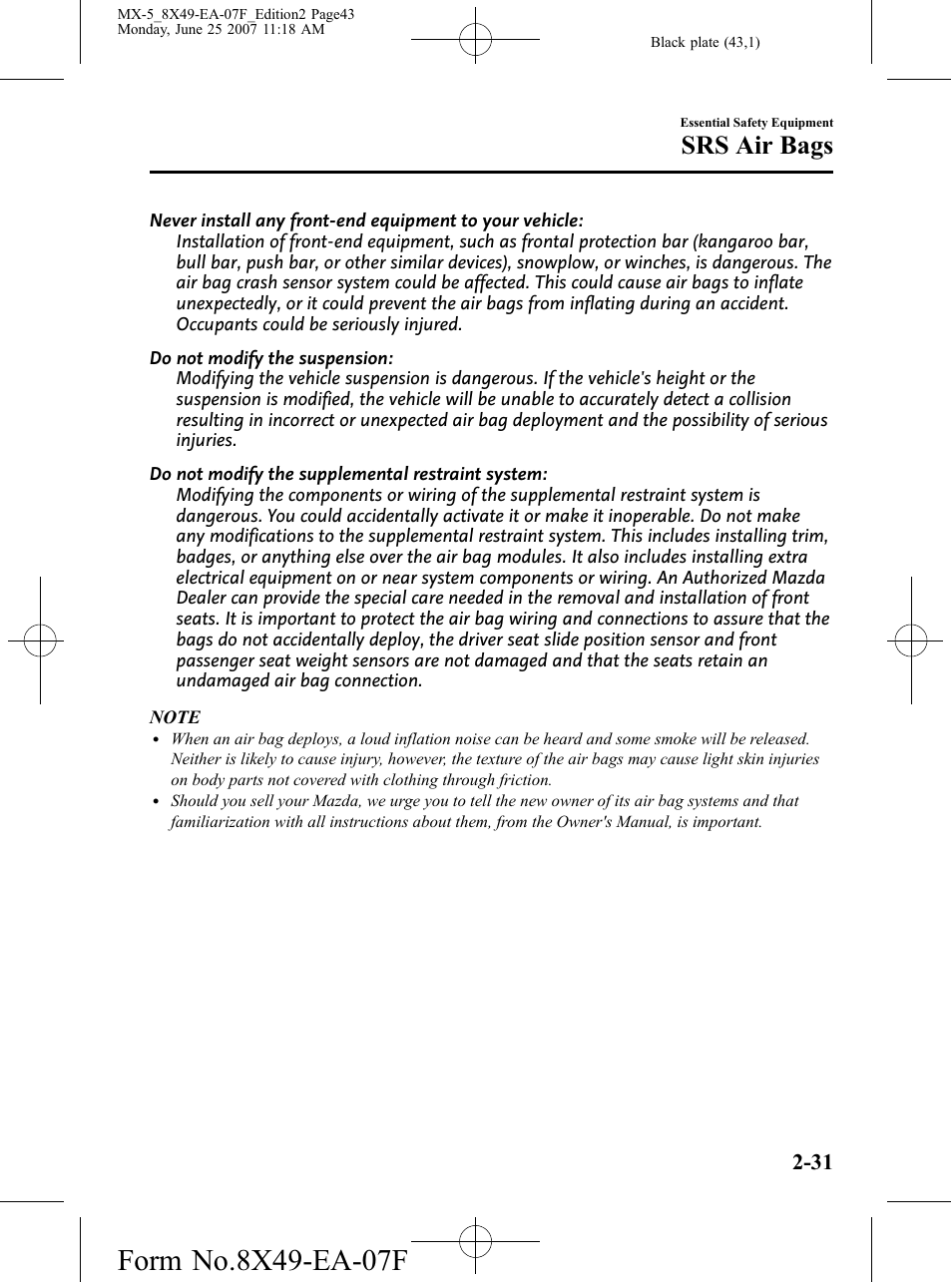 Srs air bags | Mazda 2008 MX-5 Miata User Manual | Page 43 / 458