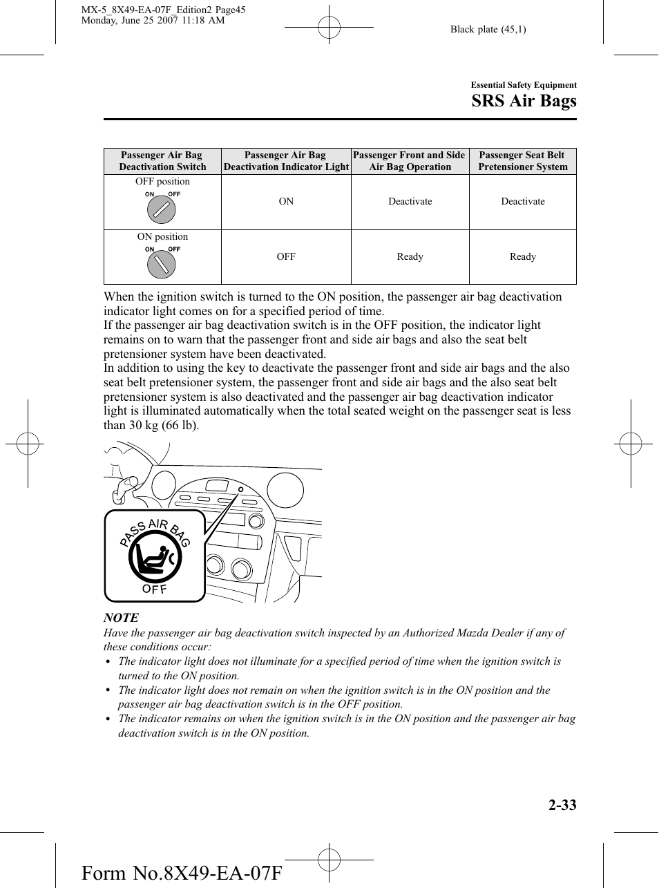 Srs air bags | Mazda 2008 MX-5 Miata User Manual | Page 45 / 458