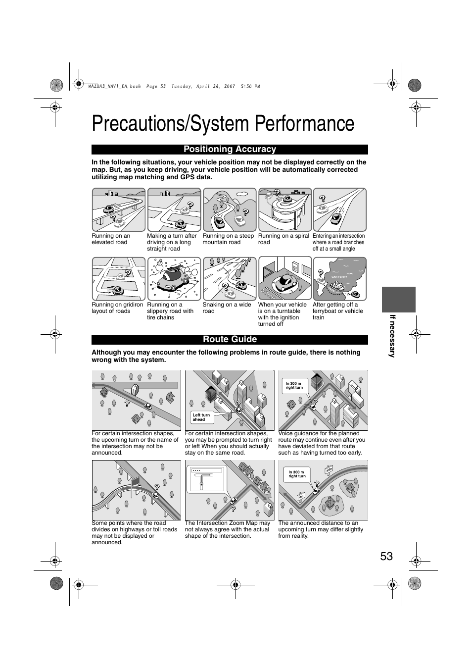 Precautions/system performance, Positioning accuracy, Route guide | Mazda 2008 MX-5 Miata User Manual | Page 453 / 458