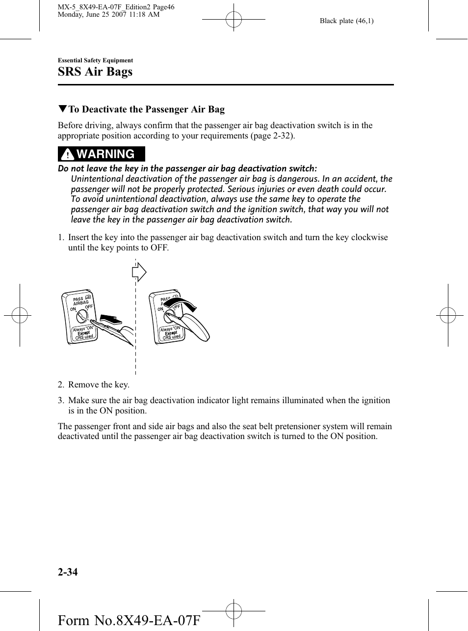 Srs air bags, Warning | Mazda 2008 MX-5 Miata User Manual | Page 46 / 458