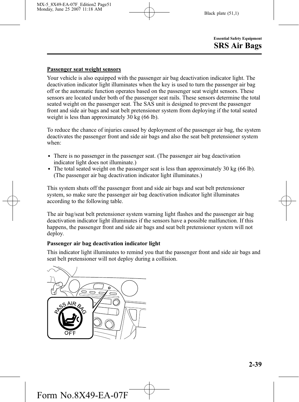 Srs air bags | Mazda 2008 MX-5 Miata User Manual | Page 51 / 458