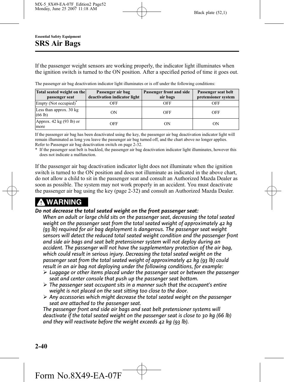 Srs air bags, Warning | Mazda 2008 MX-5 Miata User Manual | Page 52 / 458