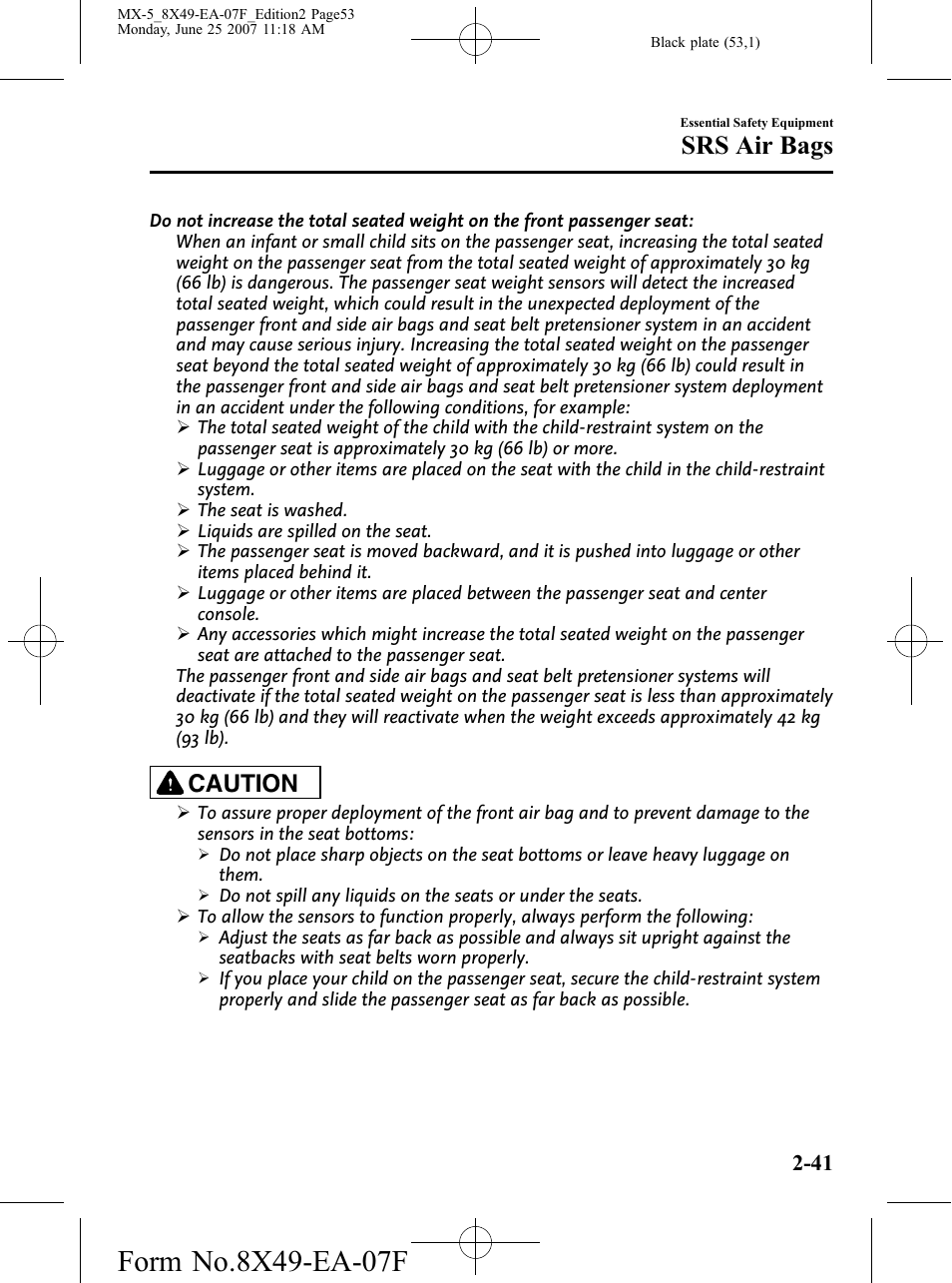 Srs air bags, Caution | Mazda 2008 MX-5 Miata User Manual | Page 53 / 458