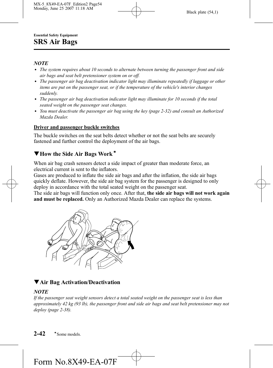 Srs air bags, Qhow the side air bags work, Qair bag activation/deactivation | Mazda 2008 MX-5 Miata User Manual | Page 54 / 458