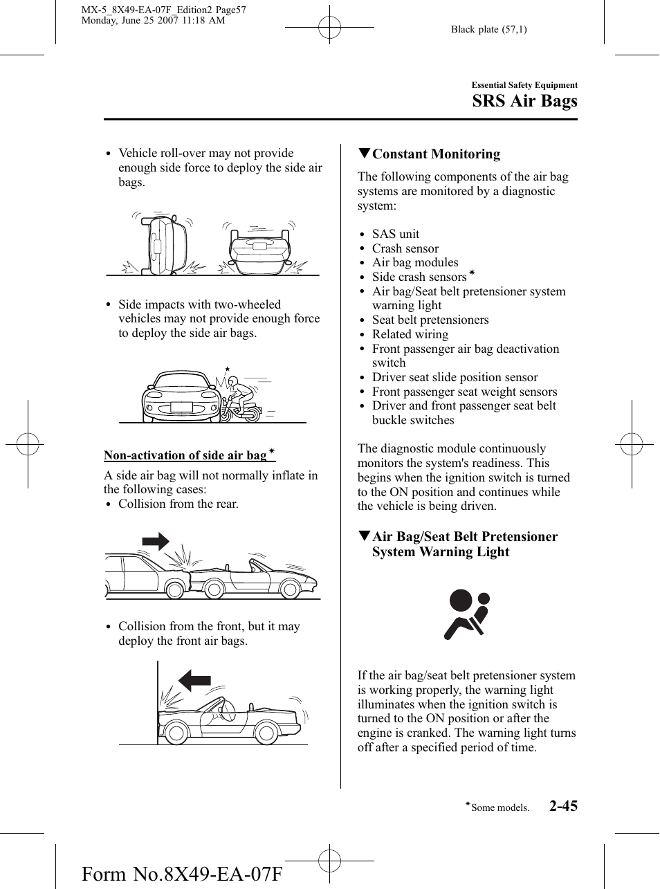 Srs air bags, Qconstant monitoring | Mazda 2008 MX-5 Miata User Manual | Page 57 / 458