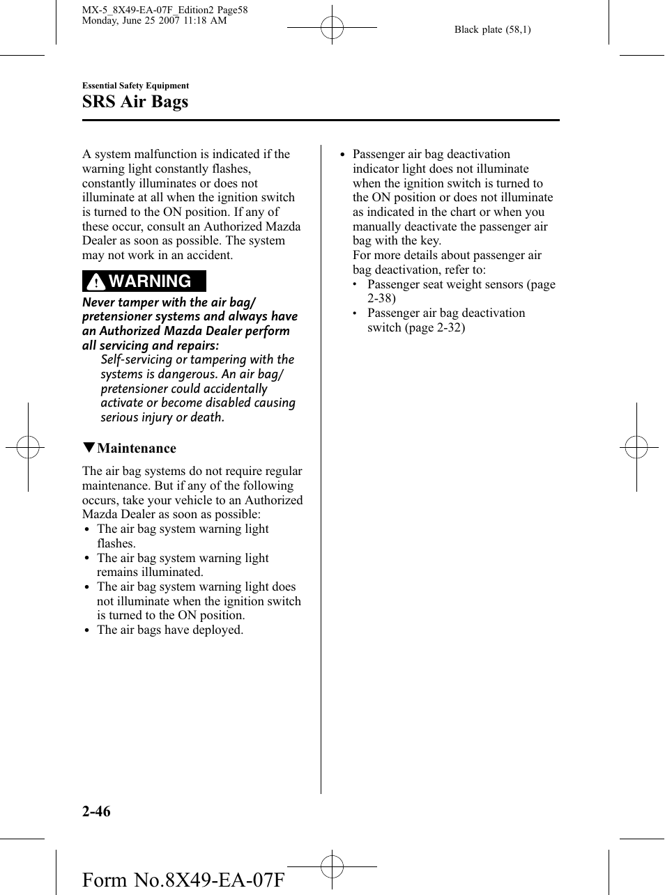 Srs air bags, Warning, Qmaintenance | Mazda 2008 MX-5 Miata User Manual | Page 58 / 458