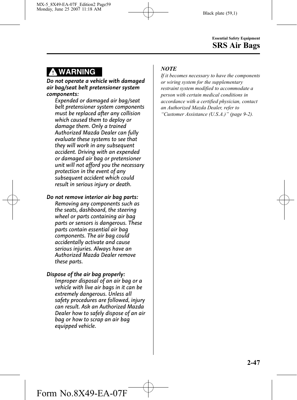 Srs air bags, Warning | Mazda 2008 MX-5 Miata User Manual | Page 59 / 458