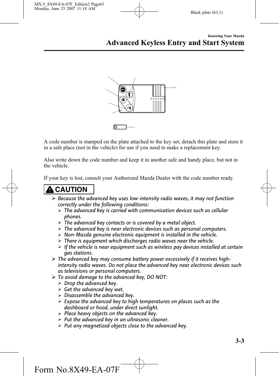 Advanced keyless entry and start system, Caution | Mazda 2008 MX-5 Miata User Manual | Page 63 / 458