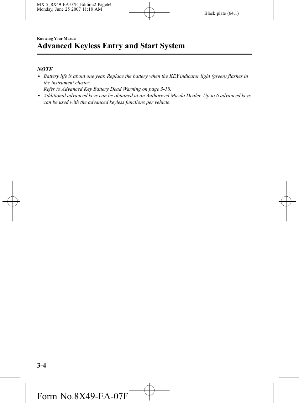 Advanced keyless entry and start system | Mazda 2008 MX-5 Miata User Manual | Page 64 / 458