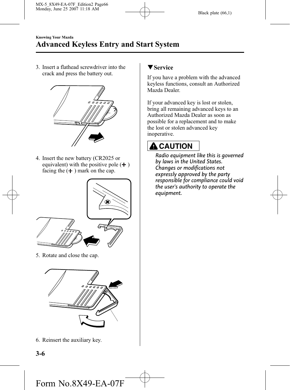 Advanced keyless entry and start system, Caution | Mazda 2008 MX-5 Miata User Manual | Page 66 / 458