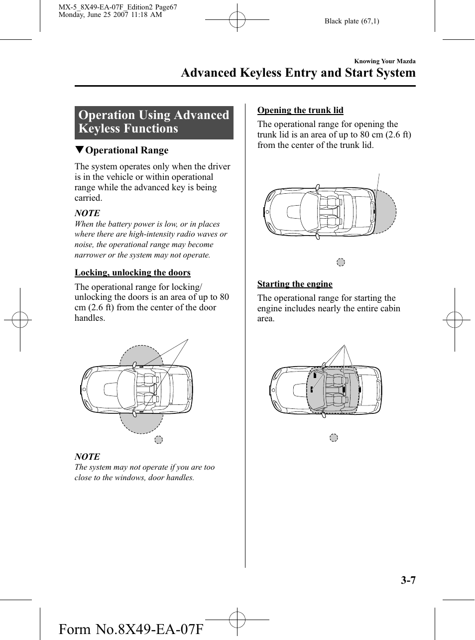 Operation using advanced keyless functions, Operation using advanced keyless functions -7, Advanced keyless entry and start system | Mazda 2008 MX-5 Miata User Manual | Page 67 / 458