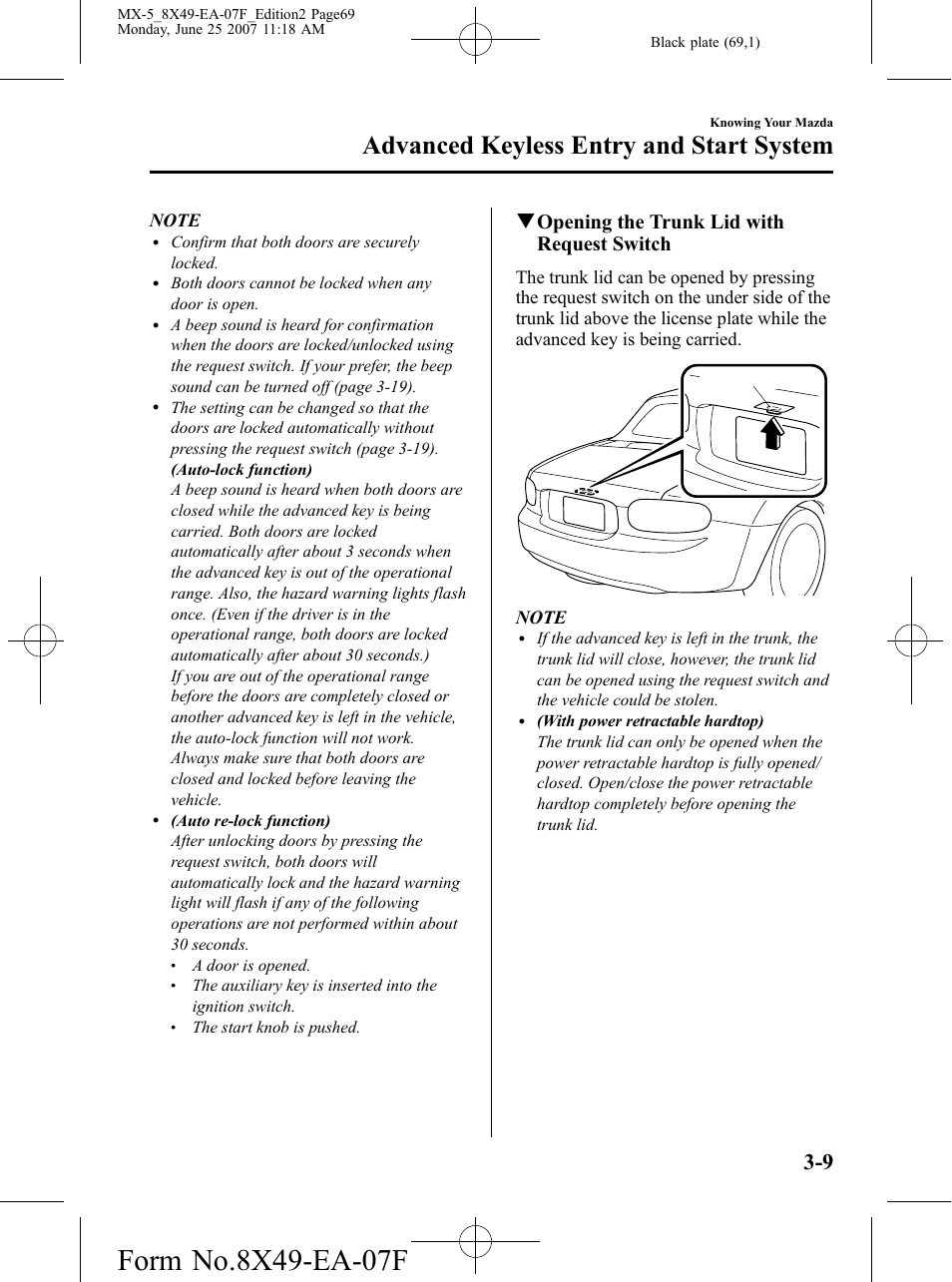 Advanced keyless entry and start system, Qopening the trunk lid with request switch | Mazda 2008 MX-5 Miata User Manual | Page 69 / 458