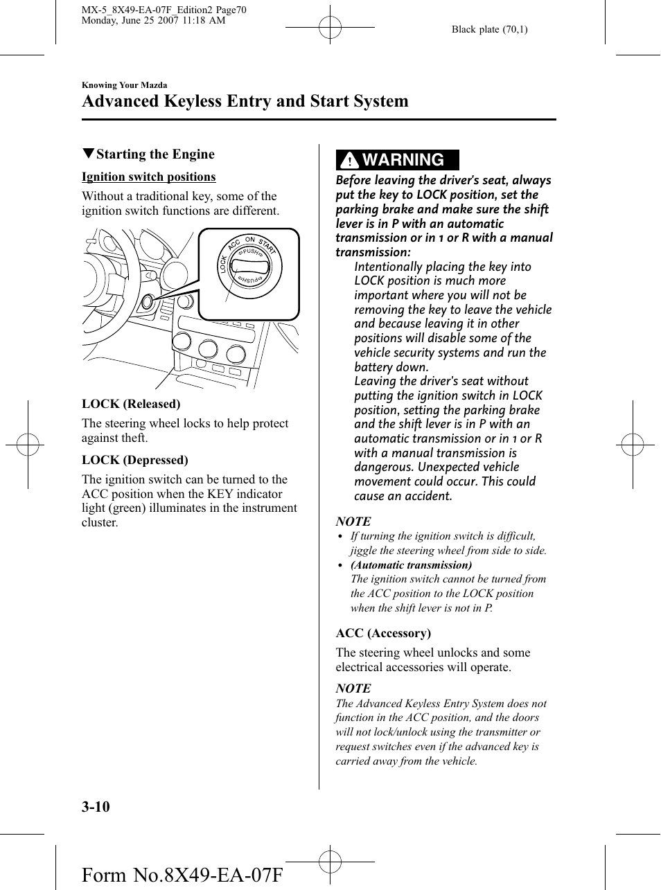 Advanced keyless entry and start system, Warning | Mazda 2008 MX-5 Miata User Manual | Page 70 / 458
