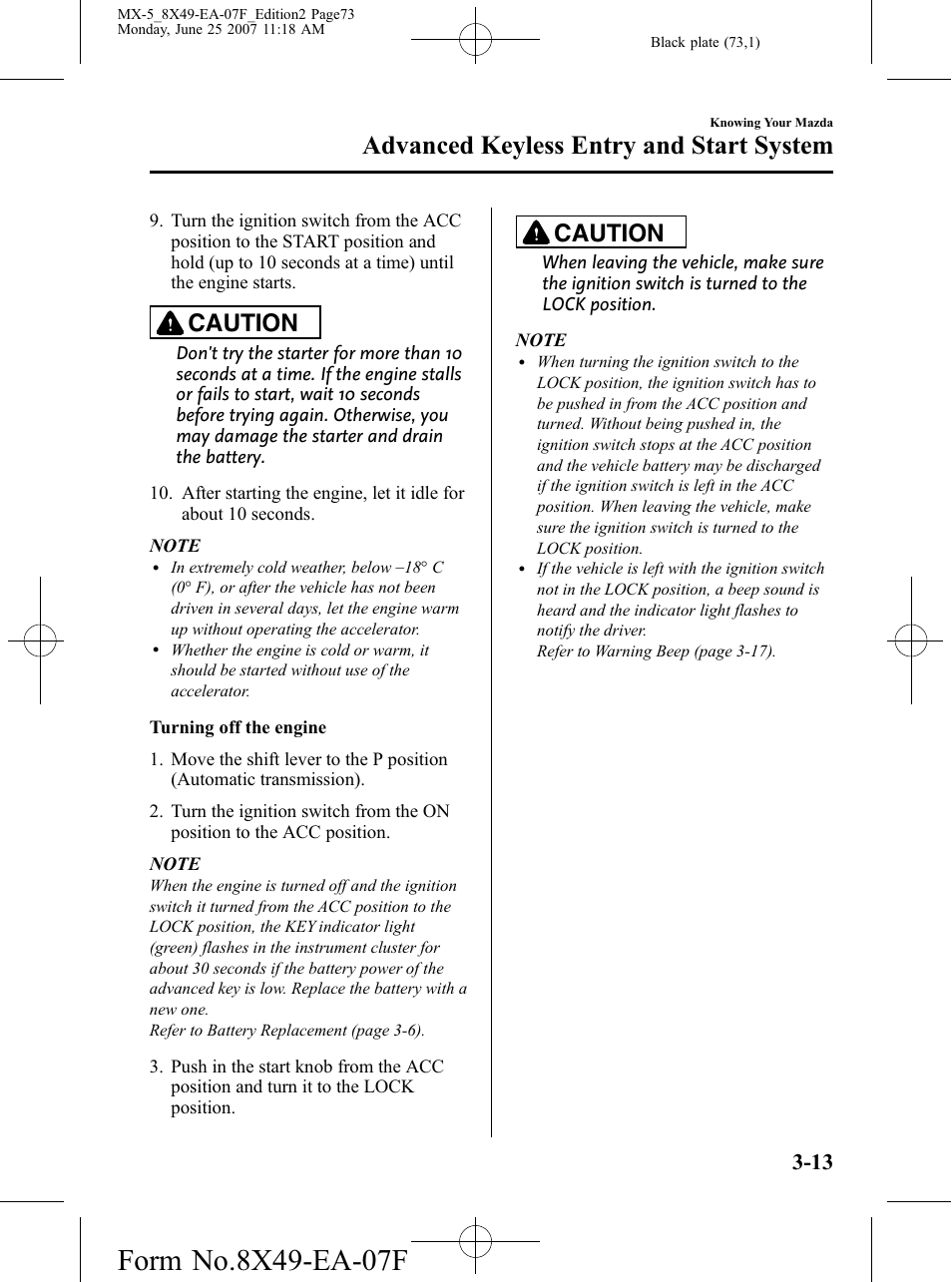 Advanced keyless entry and start system, Caution | Mazda 2008 MX-5 Miata User Manual | Page 73 / 458