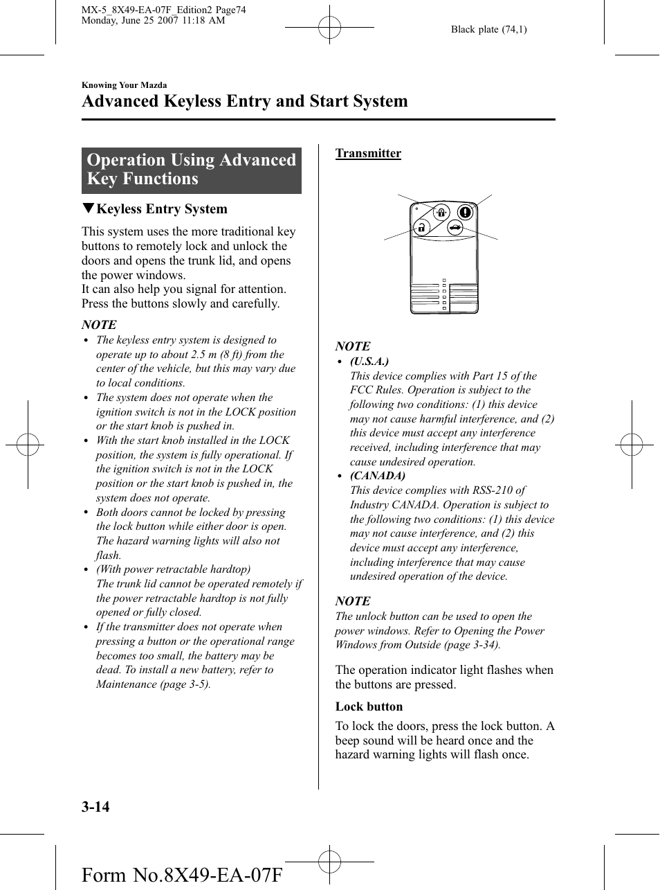 Operation using advanced key functions, Operation using advanced key functions -14, Advanced keyless entry and start system | Qkeyless entry system | Mazda 2008 MX-5 Miata User Manual | Page 74 / 458