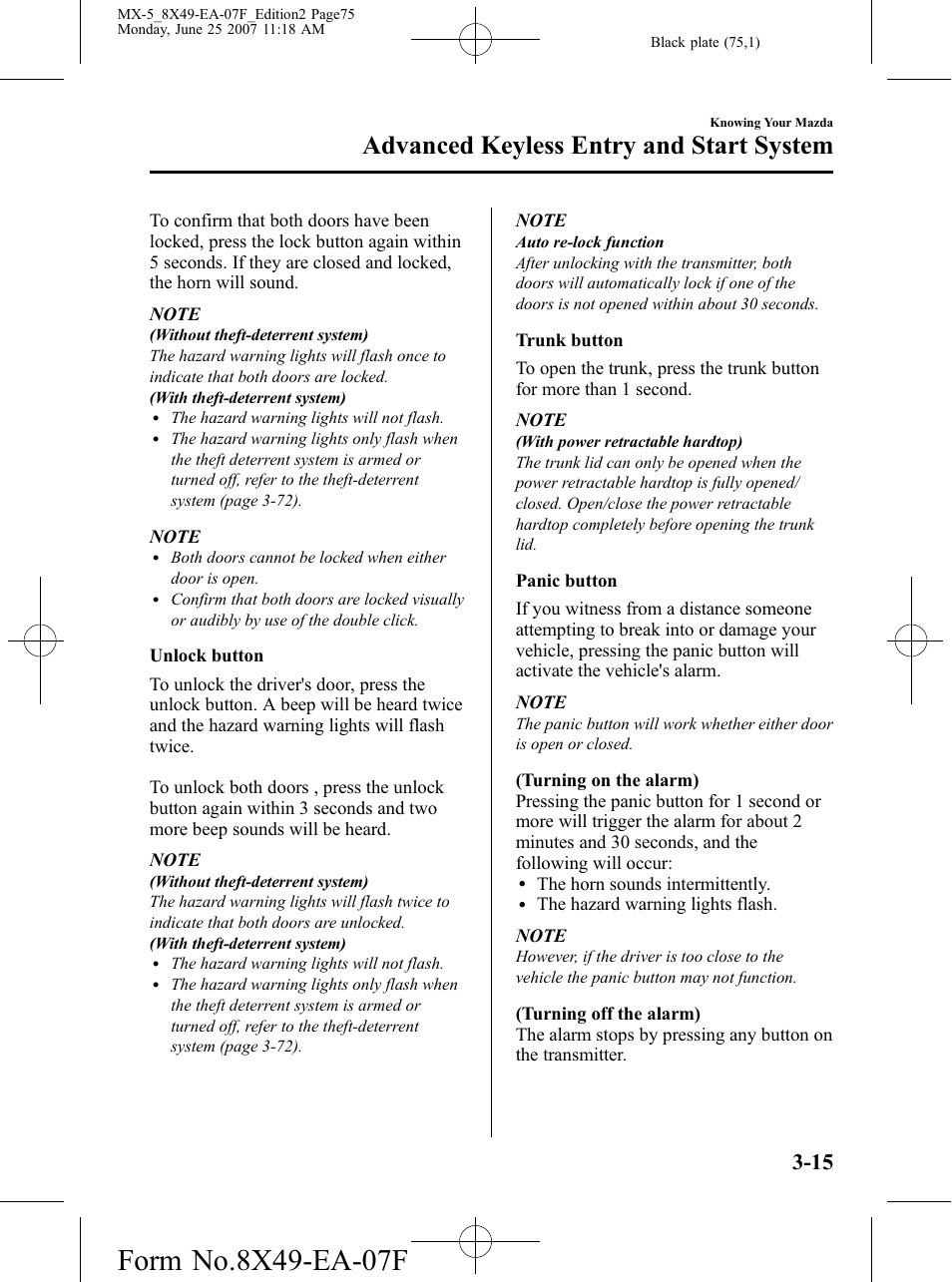 Advanced keyless entry and start system | Mazda 2008 MX-5 Miata User Manual | Page 75 / 458