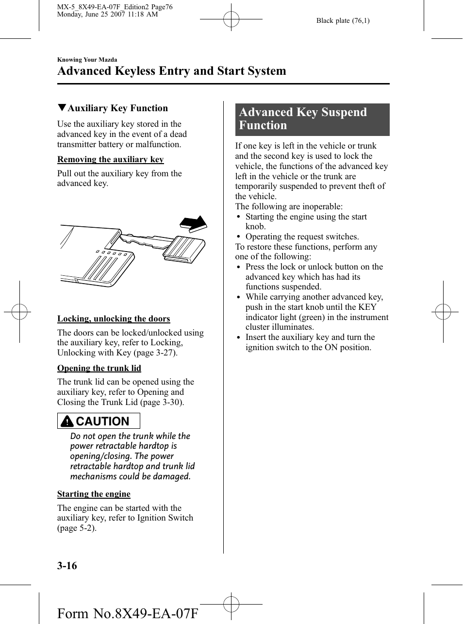 Advanced key suspend function, Advanced key suspend function -16, Advanced keyless entry and start system | Caution | Mazda 2008 MX-5 Miata User Manual | Page 76 / 458