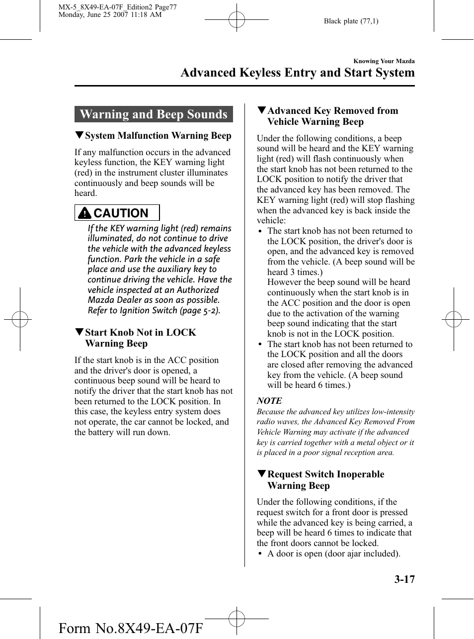 Warning and beep sounds, Warning and beep sounds -17, Advanced keyless entry and start system | Caution | Mazda 2008 MX-5 Miata User Manual | Page 77 / 458