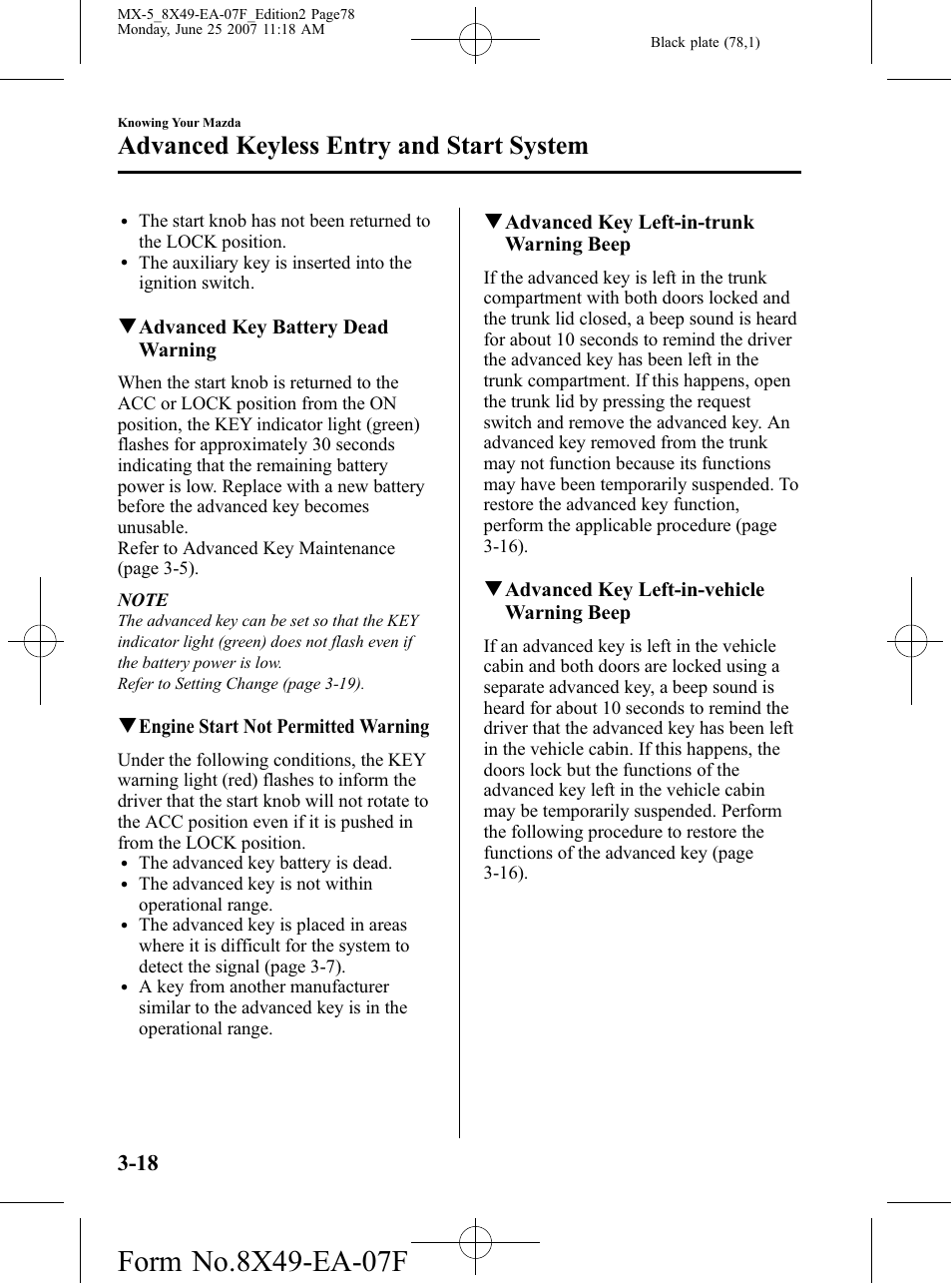 Advanced keyless entry and start system | Mazda 2008 MX-5 Miata User Manual | Page 78 / 458