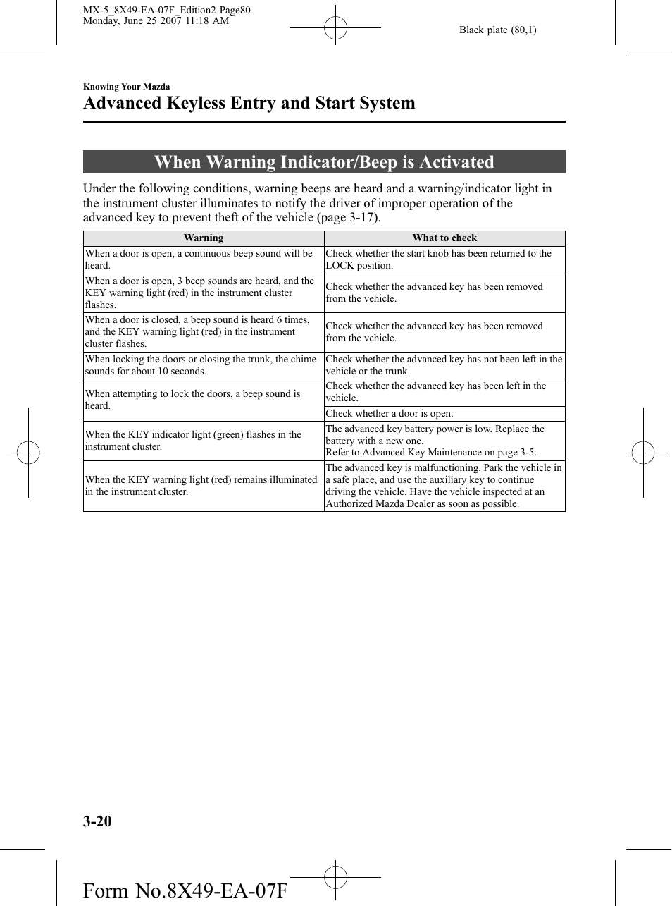 When warning indicator/beep is activated, When warning indicator/beep is activated -20, Advanced keyless entry and start system | Mazda 2008 MX-5 Miata User Manual | Page 80 / 458