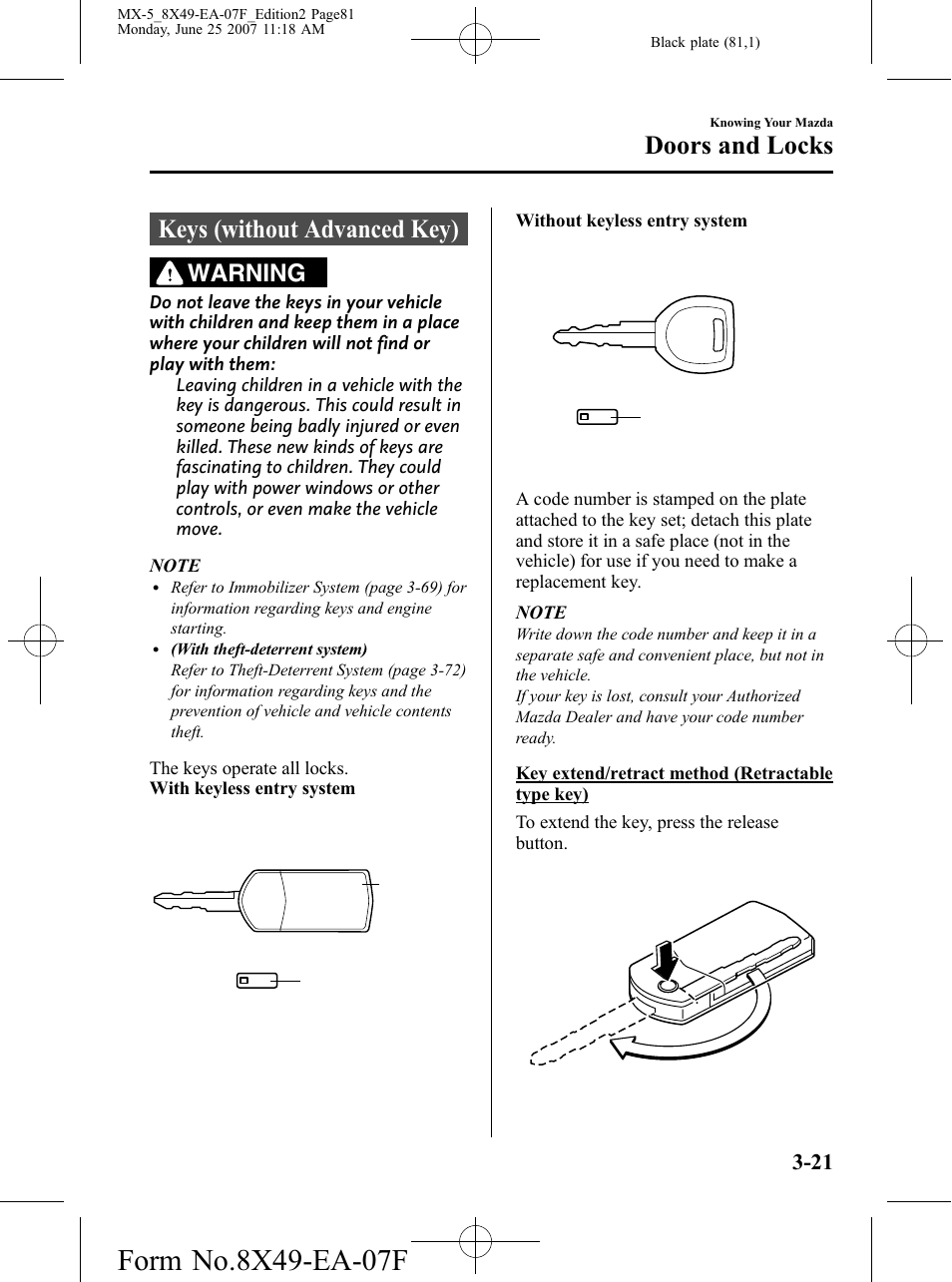 Doors and locks, Keys (without advanced key), Doors and locks -21 | Keys (without advanced key) -21, Warning | Mazda 2008 MX-5 Miata User Manual | Page 81 / 458