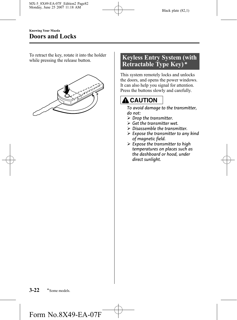 Keyless entry system (with retractable type key), Doors and locks, Caution | Mazda 2008 MX-5 Miata User Manual | Page 82 / 458