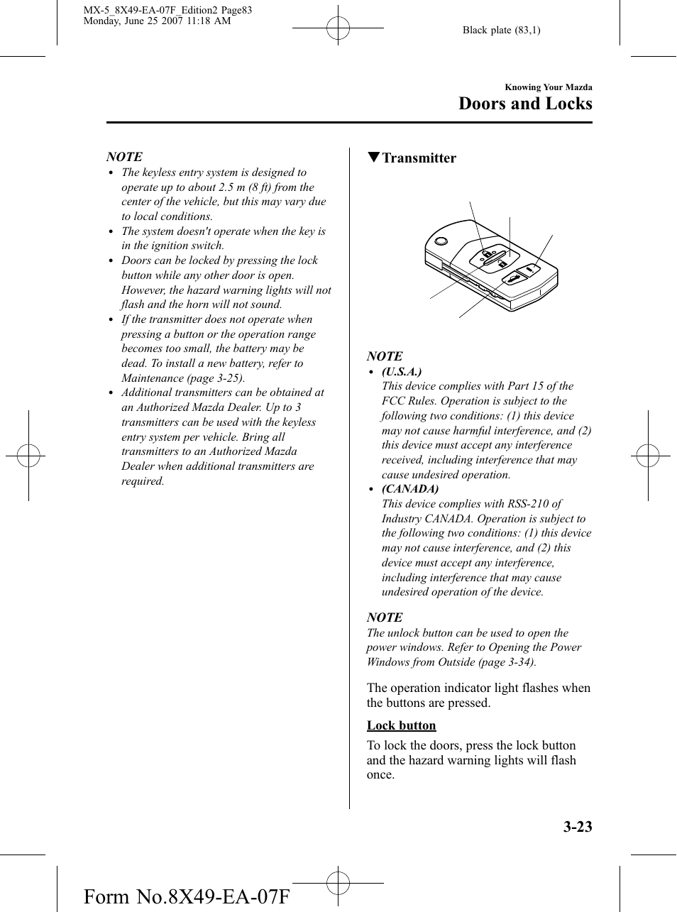 Doors and locks, Qtransmitter | Mazda 2008 MX-5 Miata User Manual | Page 83 / 458