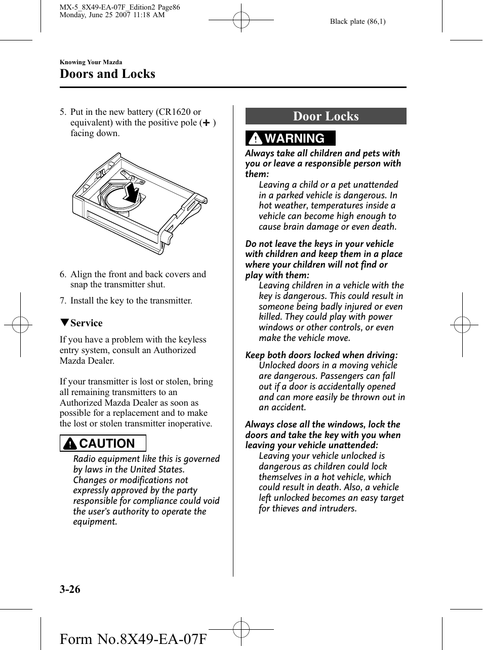 Door locks, Door locks -26, Doors and locks | Caution, Warning | Mazda 2008 MX-5 Miata User Manual | Page 86 / 458