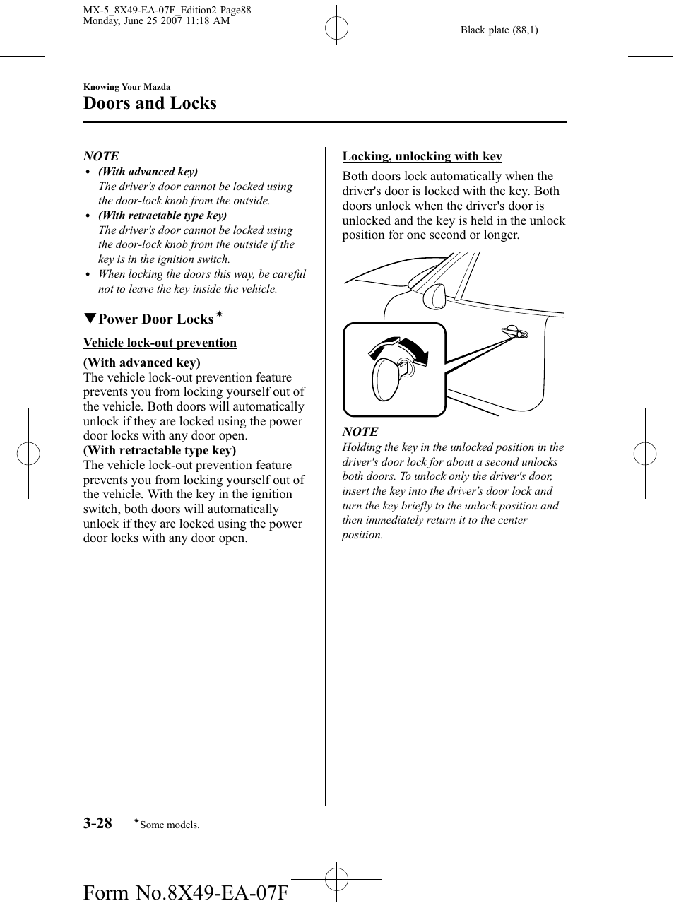 Doors and locks, Qpower door locks | Mazda 2008 MX-5 Miata User Manual | Page 88 / 458