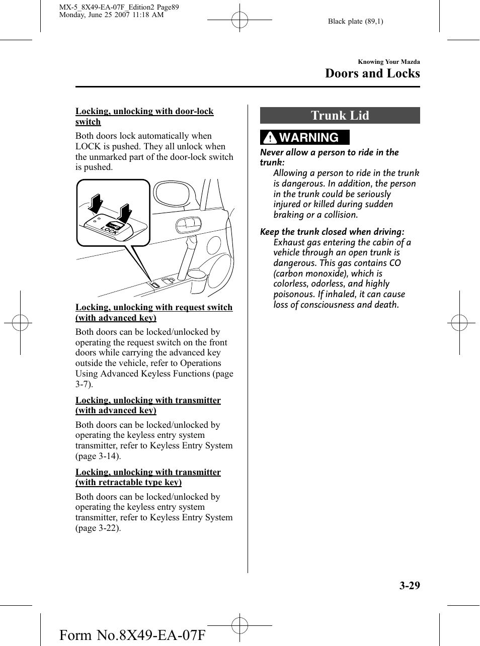 Trunk lid, Trunk lid -29, Doors and locks | Warning | Mazda 2008 MX-5 Miata User Manual | Page 89 / 458