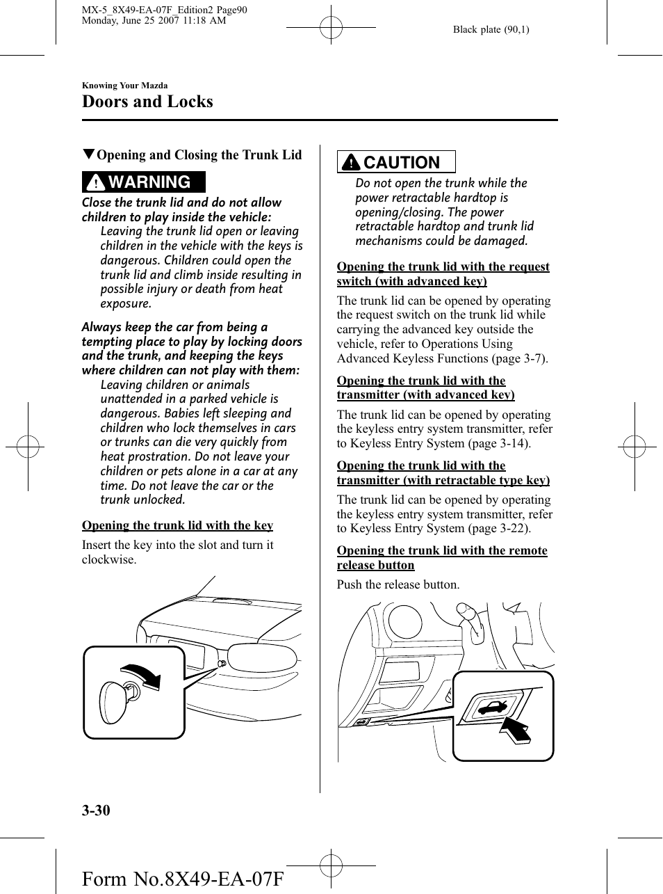 Doors and locks, Warning, Caution | Mazda 2008 MX-5 Miata User Manual | Page 90 / 458