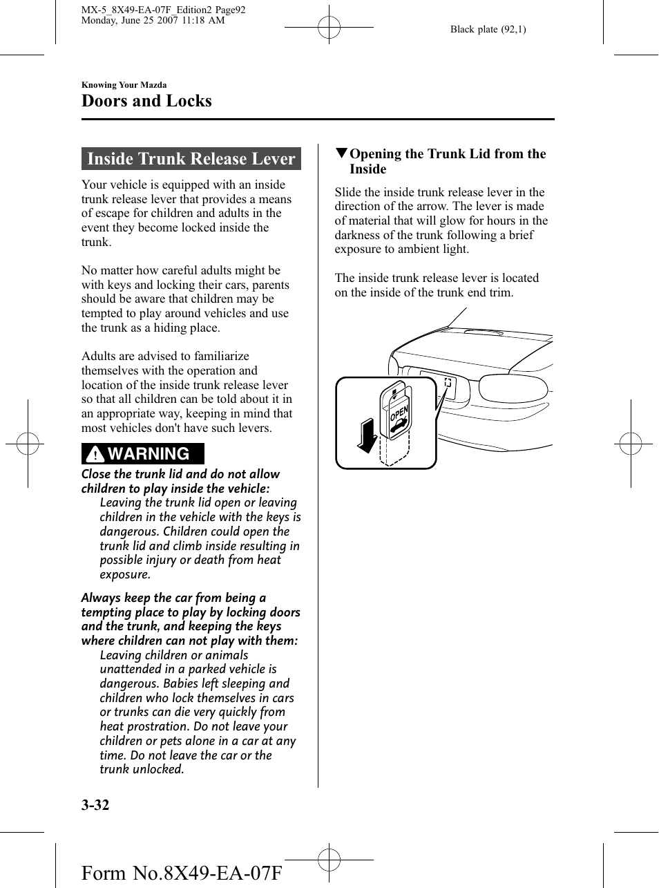 Inside trunk release lever, Inside trunk release lever -32, Doors and locks | Warning | Mazda 2008 MX-5 Miata User Manual | Page 92 / 458