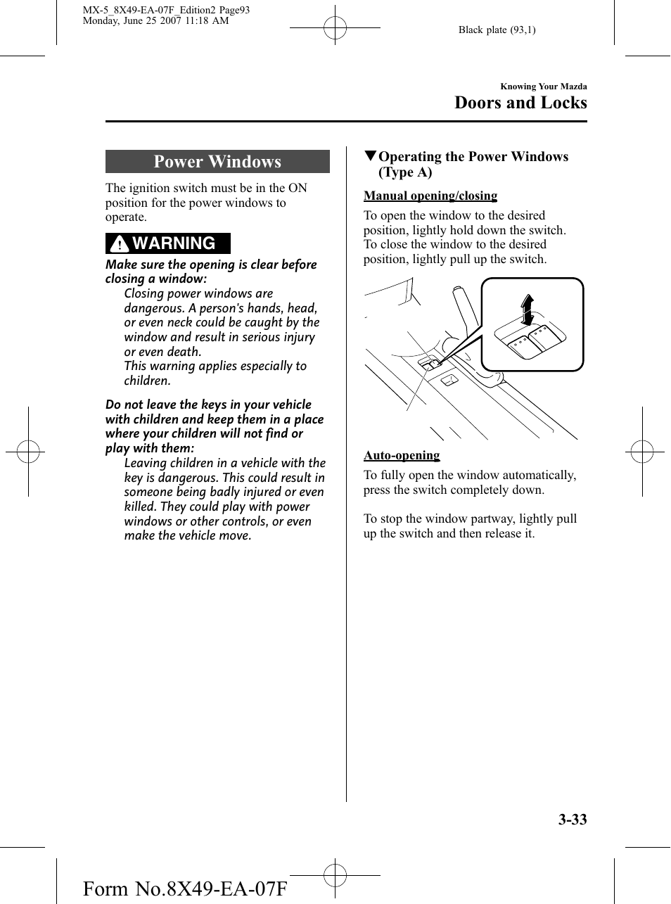 Power windows, Power windows -33, Doors and locks | Warning | Mazda 2008 MX-5 Miata User Manual | Page 93 / 458