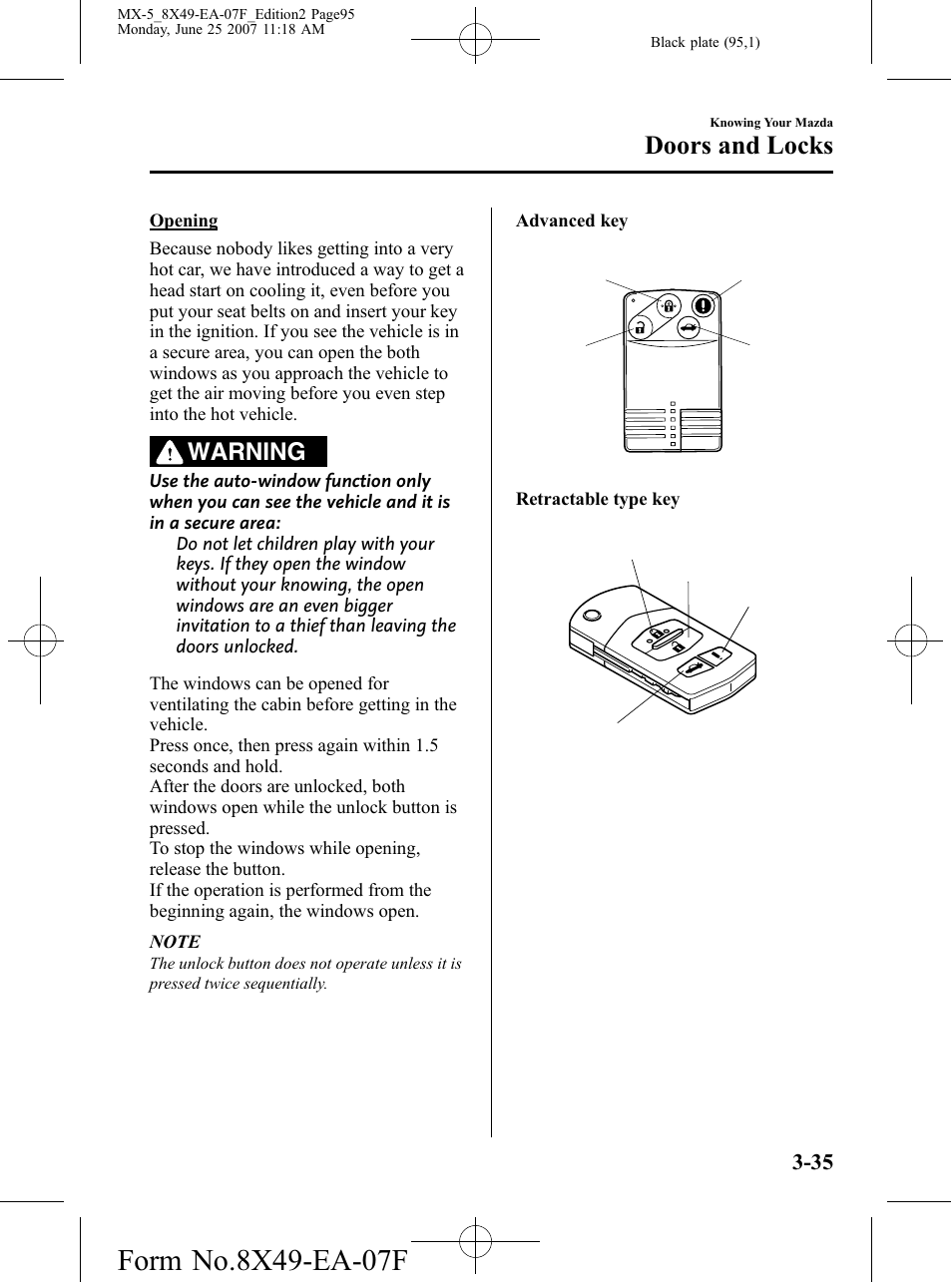 Doors and locks, Warning | Mazda 2008 MX-5 Miata User Manual | Page 95 / 458