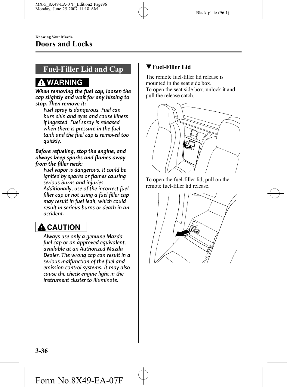 Fuel-filler lid and cap, Fuel-filler lid and cap -36, Doors and locks | Warning, Caution | Mazda 2008 MX-5 Miata User Manual | Page 96 / 458