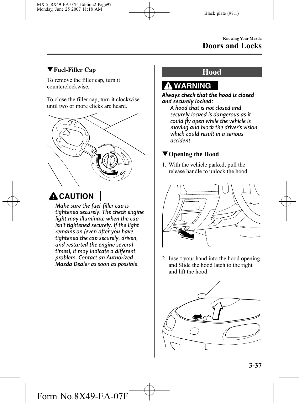 Hood, Hood -37, Doors and locks | Caution, Warning | Mazda 2008 MX-5 Miata User Manual | Page 97 / 458