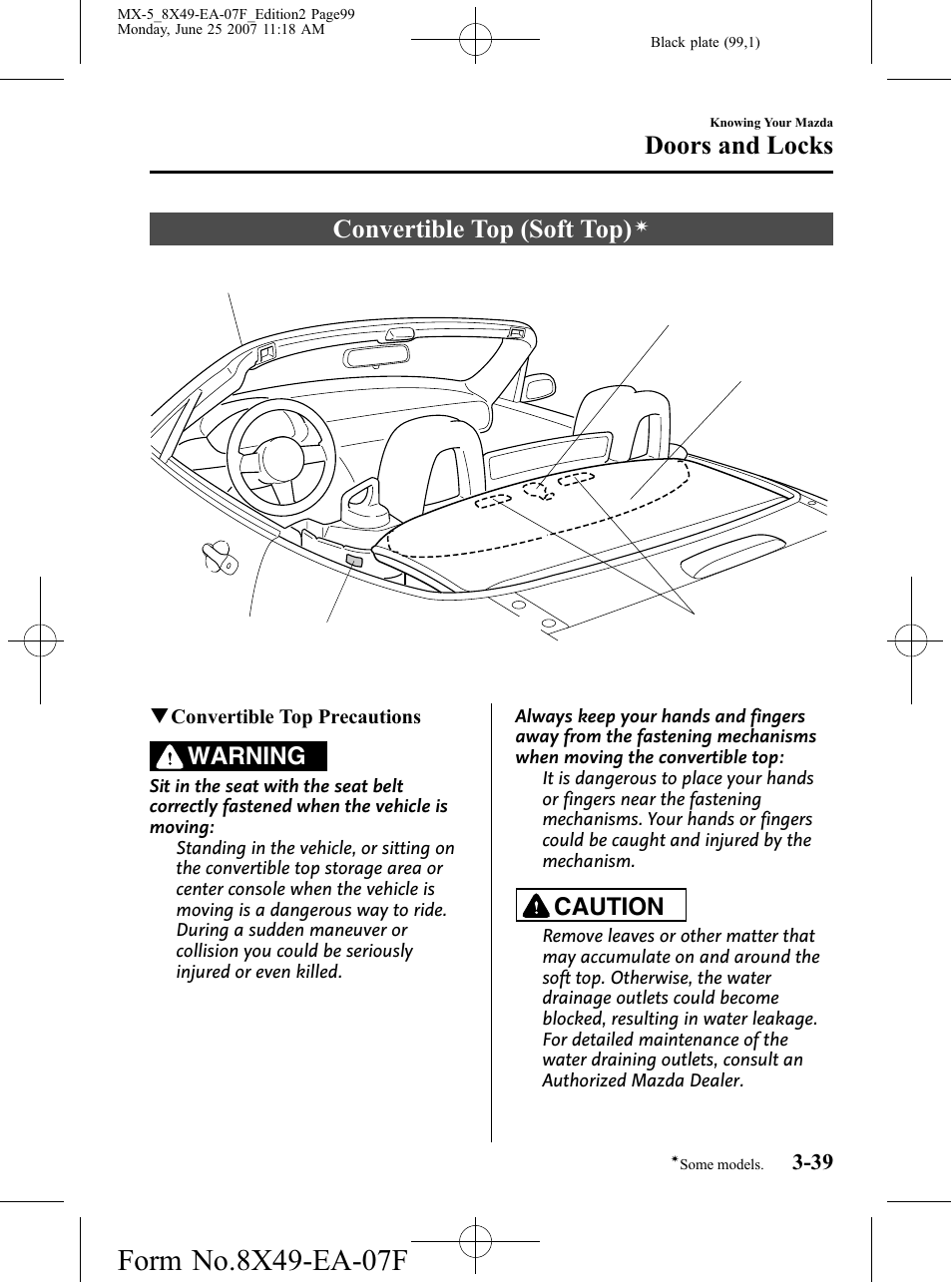 Convertible top (soft top), Doors and locks, Warning | Caution | Mazda 2008 MX-5 Miata User Manual | Page 99 / 458