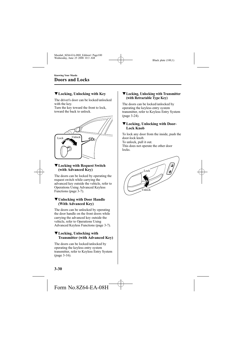 Doors and locks | Mazda 2009 6 User Manual | Page 100 / 464