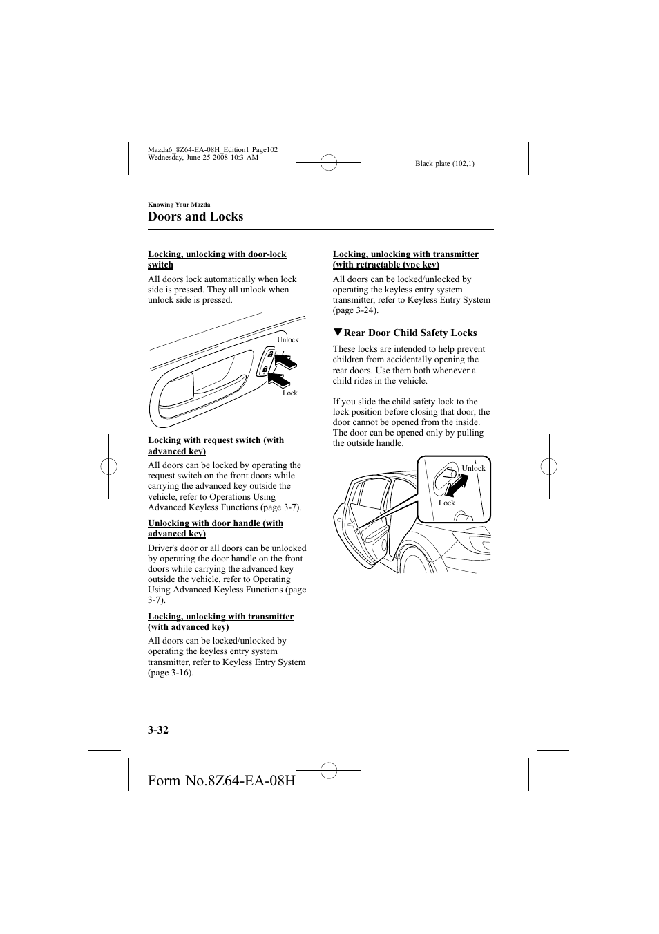 Doors and locks | Mazda 2009 6 User Manual | Page 102 / 464