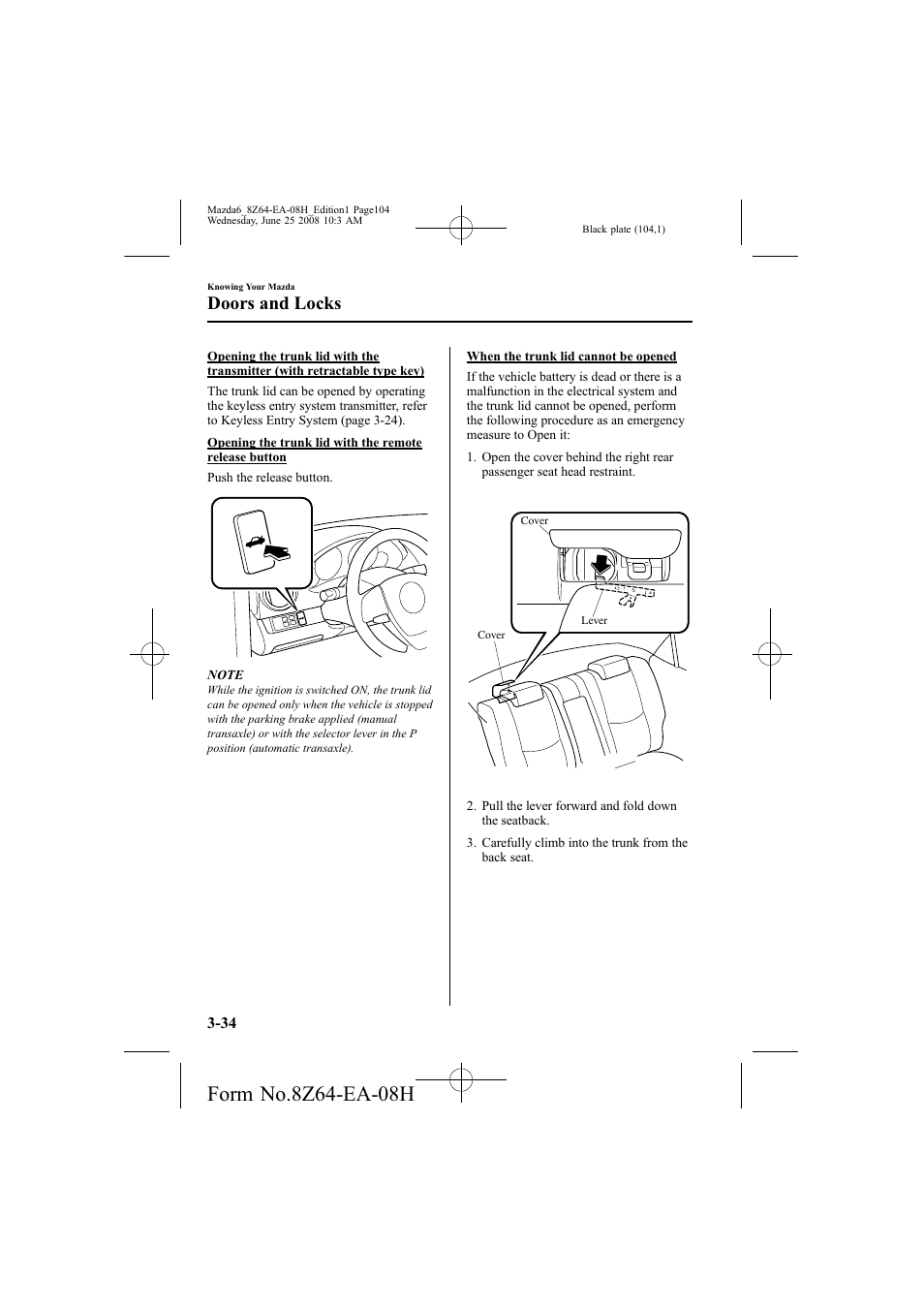 Doors and locks | Mazda 2009 6 User Manual | Page 104 / 464