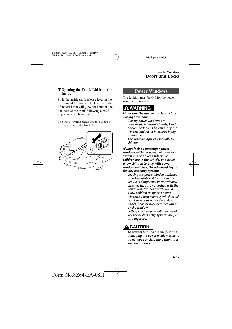 Power windows, Doors and locks | Mazda 2009 6 User Manual | Page 107 / 464
