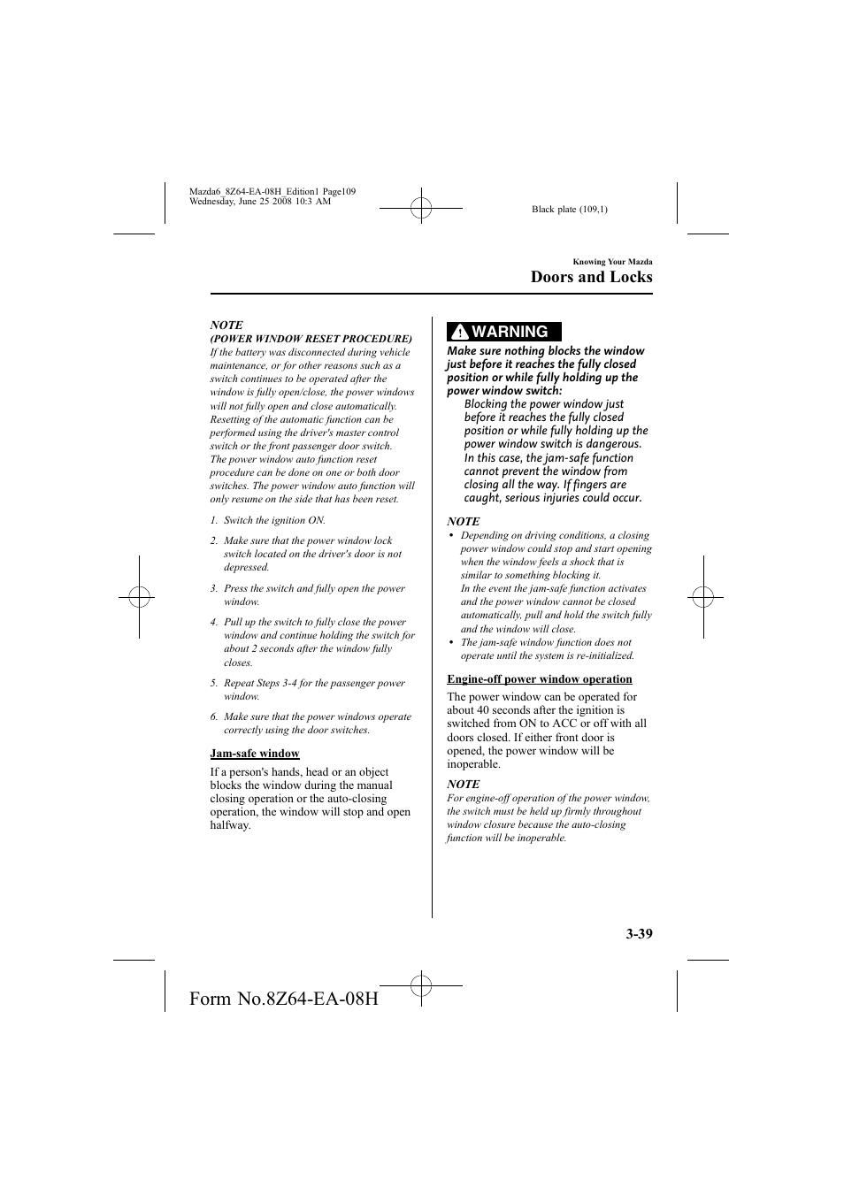 Doors and locks, Warning | Mazda 2009 6 User Manual | Page 109 / 464