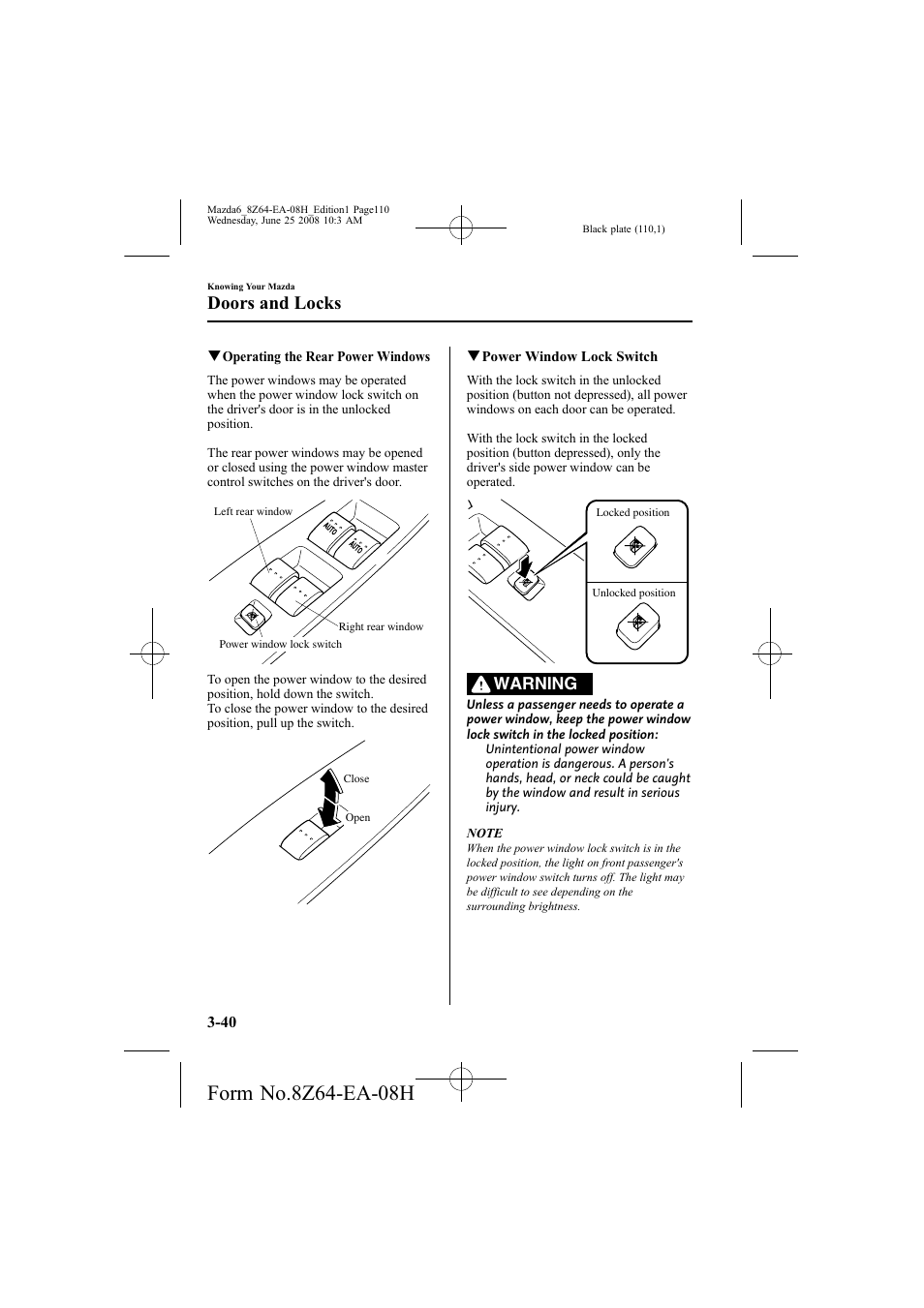 Doors and locks, Warning | Mazda 2009 6 User Manual | Page 110 / 464