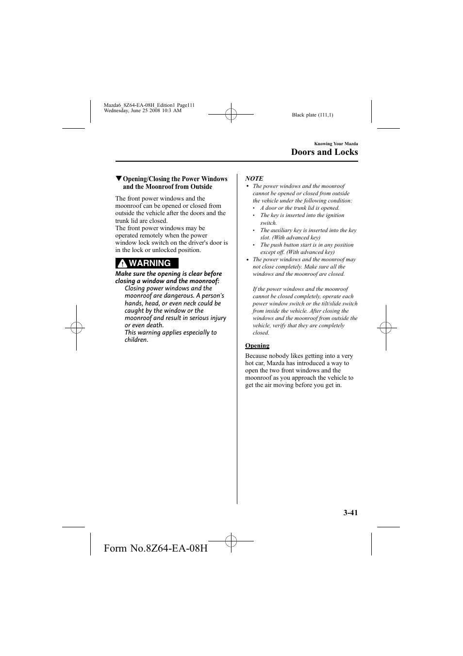 Doors and locks, Warning | Mazda 2009 6 User Manual | Page 111 / 464